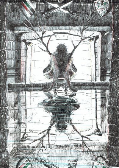 strana15, Hrad v lese Findhorn, 2006, (tuš na papíře) od Vincent Alexander Booth