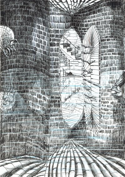 strana23, Hrad v lese Findhorn, 2006, (tuš na papíře) od Vincent Alexander Booth