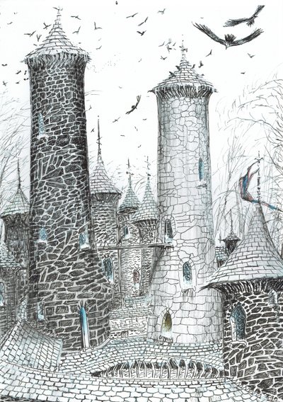 strana 9, Zámek v lese Findhorn, 2006, (tuš na papíře) od Vincent Alexander Booth