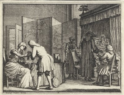 Postavy kolem nemocné postele a lékař, který spojuje ženu od Vincent Laurensz. van der Vinne (II)