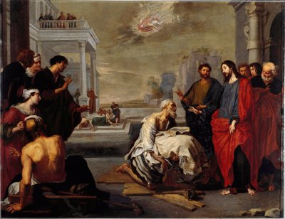 Ježíš zázračně znepokojil ochrnutého na malbě Capharnaum od Vincenta Malo (ca. Genes, Národní galerie Palazzo Spinola Itálie od Vincent Malo