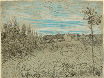Chaty se ženou pracující uprostřed půdy od Vincent van Gogh