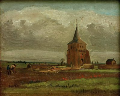 Stará hřbitovní věž v Nuenenu s orajícím farmářem od Vincent van Gogh