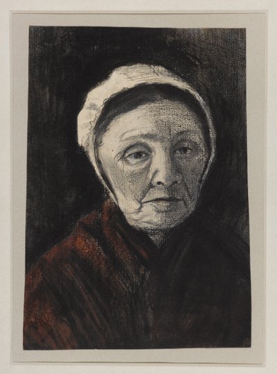 Hlava staré ženy v čepici Scheveningera, 1882-83 (uhl, černá a hnědá křída na papíře) od Vincent van Gogh