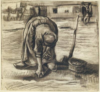 Rolnice sázející brambory, kolem roku 1885 (černá křída a dřevěné uhlí na papíře) od Vincent van Gogh