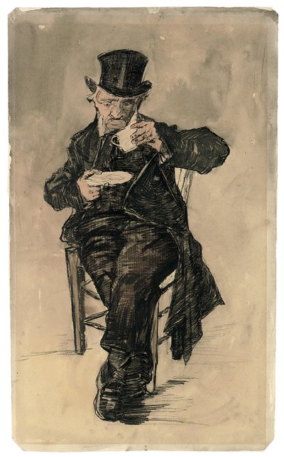 Köyhätalon asukas silppurissa juomassa kupin kahvia, 1882 od Vincent van Gogh