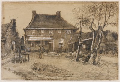 Fara v Neunenu: Pohled zezadu, s uměleckým studiem vpravo, kolem roku 1884 (grafit, pero a hnědý inkoust, hnědá barva, zvýrazněno bílou na tkaném papíře) od Vincent van Gogh