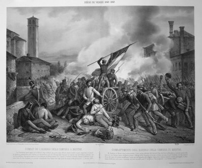 Bitva u Albergo della Campana u Mestre 27. října 1848 během obléhání Benátek v letech 1848-9 (litho) od Vincenzo (after) Giacomelli