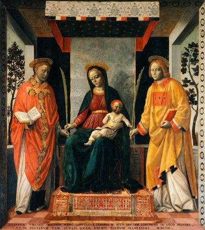 Madona s dítětem mezi svatým Faustinem a svatou Jovitou, Vincenzo Foppa (cca 1427-cca 1515), Tempera na plátně, 205x226 cm od Vincenzo Foppa