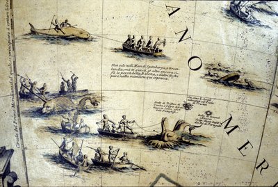 Lov velryb v Pacifiku. Detail koule Coronelli ze 17. století. od Vincenzo Maria Coronelli