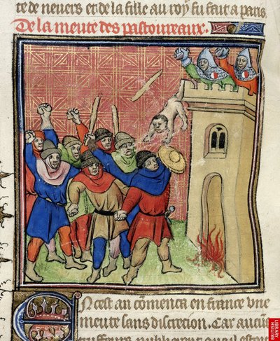 Detail miniatury třetí křížové výpravy z Pastoureaux. Židé házeli své děti z věže po roce 1380 od Virgil Master