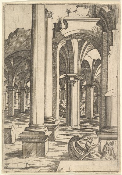 Lodě vesly skrz zaplavené ruiny, ca. 1550-62. od Virgil Solis