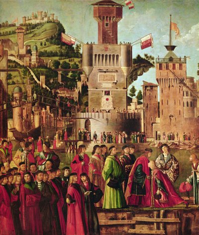 Detail setkání Etheria a Uršuly a odchodu poutníků, z cyklu sv. Voršily, kolem 1490-96 (detail 56472) od Vittore Carpaccio