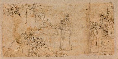 Studie pro zvěstování; za Umučení svaté Agáty; pro smuteční Madonu (pero a inkoust přes křídu na papíře) (verze 5933930) od Vittore Carpaccio