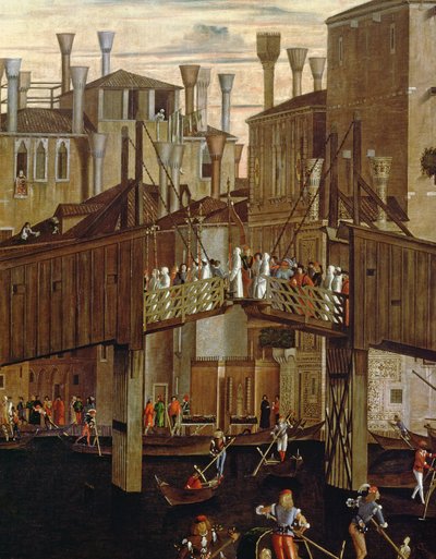 Zázrak relikvie svatého Kříže, detail starého mostu Rialto, ze Scuola di San Giovanni Evangelista, kolem roku 1494 od Vittore Carpaccio