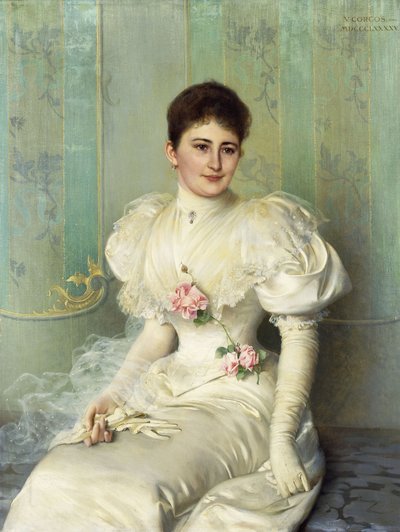 Portrét dámy, sedící tři čtvrtiny délky, v bílých šatech od Vittorio Matteo Corcos