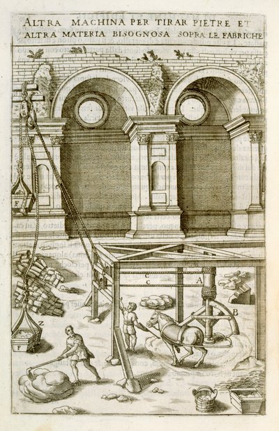 Stroj na zvedání stavebních materiálů poháněný koňmi, z "Nuovo Teatro di Macchine ed Edifici", pub. 1607 od Vittorio Zonca