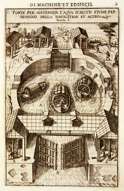 Hydraulický stroj pro zdymadlo kanálu nebo řeky, 1607 od Vittorio Zonca