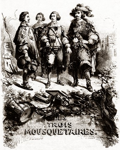 Titulní strana z knihy "Tři mušketýři" od Vivant (after) Beauce