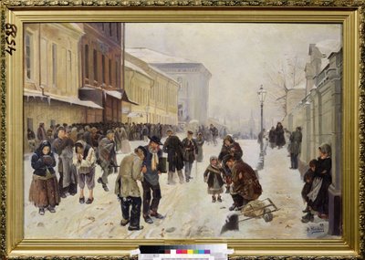 Noční azyl (Dosshouse). Pouliční scéna, dav potřebných lidí bez domova se shromažďuje před přijímací budovou, trpí zimou a chudobou. Obraz Vladimíra Jegoroviče Makovského (Makovskij, Makovskij) (1846-1920), olej na plátně od Vladimir Egorovic Makovsky