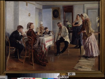 Najímání pokojské (A Maid Employment). Mladá žena se uchází o místo, na dotazy paní domu, pod pohledem svého manžela a dětí, sedící u čaje. Mladou ženu sleduje i zaměstnanec od Vladimir Egorovic Makovsky