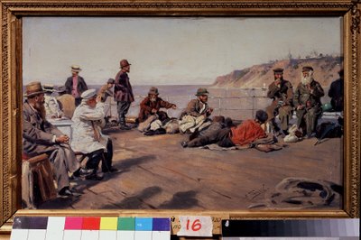 Na palubě (On the Deck). Cestovatelé všech tříd na lodi, která jezdí podél pobřeží. Obraz Vladimíra Jegoroviče Makovského (Makovskij, Makovskij) (1846-1920), olej na plátně od Vladimir Egorovic Makovsky