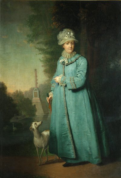Kateřina II na procházce v parku v Carskoje Selo se sloupem Chesme v pozadí, 1794 od Vladimir Lukich Borovikovsky