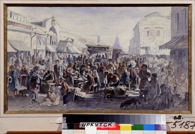 Bleší trh v Moskvě (Rusko) (The Second Hand Market In Moscow). Pouliční scéna s postavami v špinavém a záplatovaném oblečení, někteří jedí u stolků před barákem, jiní si prohlížejí nabízené zboží, další se schovávají od Vladimir Yegorovich Makovski