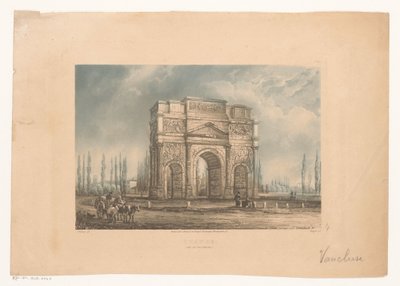 Krajina s vítězným obloukem Orange s cestovateli oranžový. (Arc de Triomphe) (název na objektu) od Vogel (prentmaker)