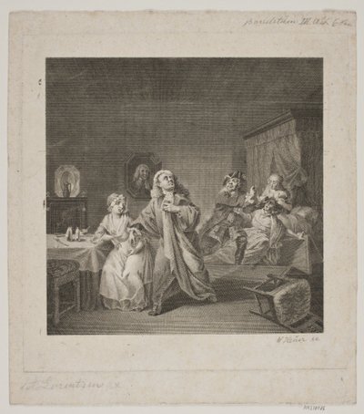 Porodnice III. dějství 6 scéna. Rytina podle Lorenzenovy galerie Holberg. od WIlhelm Heuer