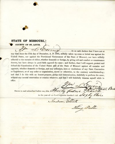 Věrnostní přísaha Wm. L. Ewing z Missouri, hrabství St. Louis od W.L. Ewing