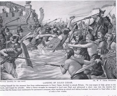 Přistání Julia Caesara, ilustrace z „Hutchinsonových dějin národů“, kolem roku 1910 od W.P. Caton Woodville