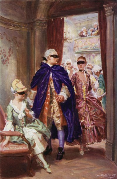 "Přišla k němu dáma v domině a zašeptala mu" (barva litho) od W.R.S. (after) Stott