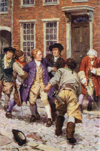 „V tu chvíli se dovnitř přiřítilo několik lidí a zmocnili se Jonese“ (barva litho) od W.R.S. (after) Stott
