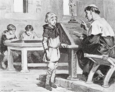 Mladý Cuthbert ve škole (litografie) od W.R.S. (after) Stott