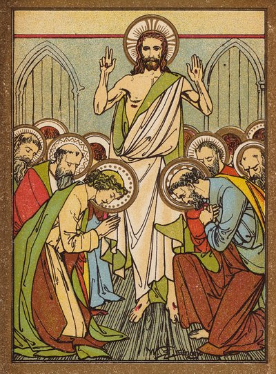 Ježíš se zjevuje apoštolům v Jeruzalémě (barevná litografie) od W.S. Stacey