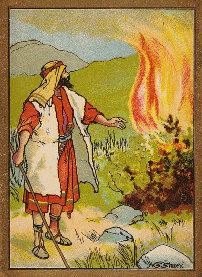 Mojžíš a hořící keř (barevná litografie) od W.S. Stacey