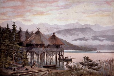 Prehistorie: vesnice bati na kůlech na břehu Curyšského jezera v době Pierra. Jezerní vesnice, pravěké jezerní město. Z obrazu W. Kranze 20. stol od W. (after) Kranz