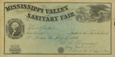 Prázdný ilustrovaný osvědčení o příspěvku na dary uskutečněné na sanitárním veletrhu v Mississippi Valley, 7. května 1864 od W. A. Rosecrans