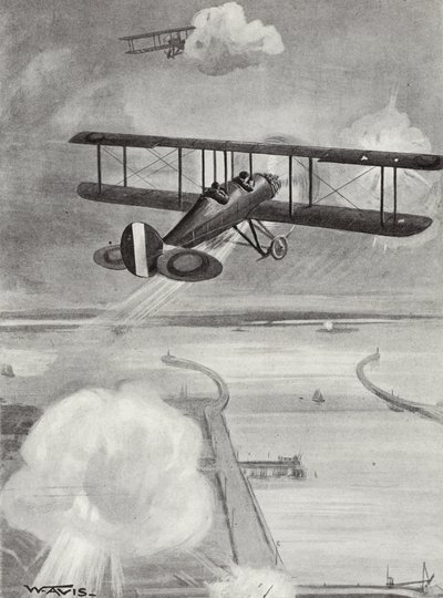 Velitel eskadry Richard Davies a poručík Richard Peirse shazují bomby na ponorkovou stanici v Zeebrugge pod těžkou palbou, 23. ledna 1915 od W. Avis