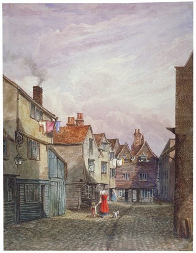 Pohled na ženu a dítě kráčející po Crown Court, Bermondsey, Londýn, c1825 od W Barker