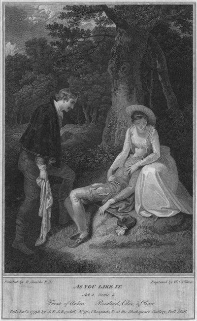 Jak to máš rád. 4. dějství. 3. scéna. Ardenský les, - Rosalind, Celia & Oliver, 1798. od W. C. Wilson