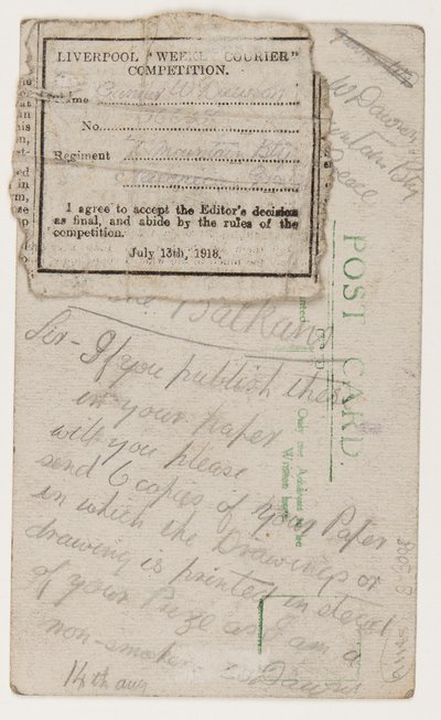 Pohlednice redaktorovi Liverpool Weekly Courier, 14. srpna 1918 (tužka na pohlednici) od W. Dawson