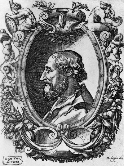 Portrét Ludovica Ariosta (1474-1533), italského básníka a dramatika, Medaglie del Doni, rytina Enea Vico (1523-1567) od John Ward Dunsmore