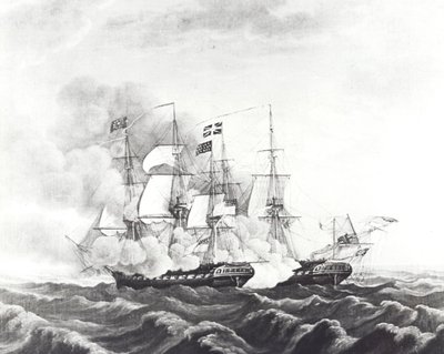 USS Constitution a HMS Guerriere (litho) od John Ward Dunsmore