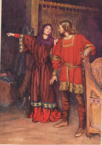 Gertruda odhaluje, že Hamlet zabil Polonia, z 