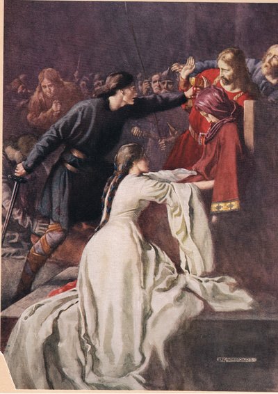 Hamlet nutí krále vypít jed, z „Hamleta“ od Williama Shakespeara, vydání vydané nakladatelstvím Hodder und Stoughton v roce 1915 od W. G. Simmonds