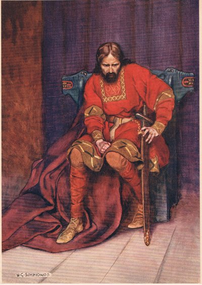 Král mluví o tom, že nechal zavraždit Hamleta, z „Hamleta“ od Williama Shakespeara, vydání vydané nakladatelstvím Hodder und Stoughton v roce 1915 od W. G. Simmonds