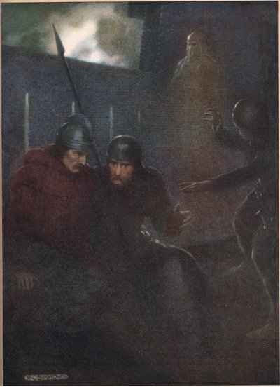 Objevuje se duch Hamletova otce z „Hamleta“ od Williama Shakespeara, vydání vydané nakladatelstvím Hodder und Stoughton v roce 1915 od W. G. Simmonds