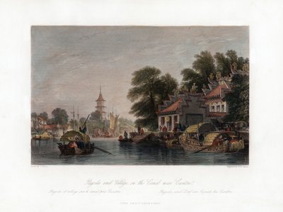 Pagoda a vesnice, na kanálu poblíž Kantonu, Čína, c1840. od W. H. Capone